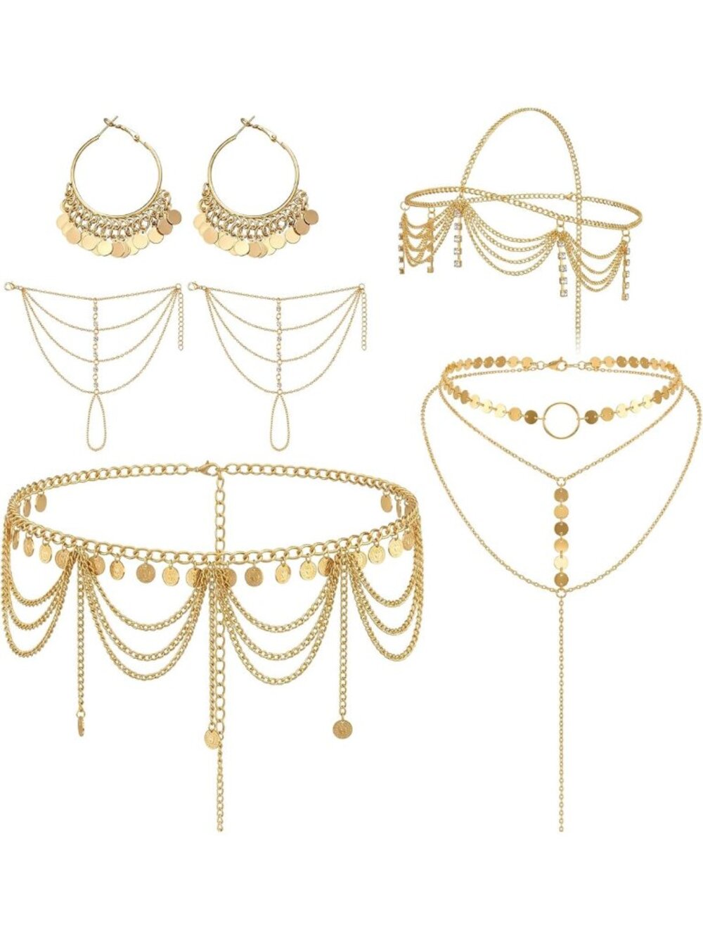 Stunning 5-Piece Belly Dance Jewelry Set for Women - Gold Head Chain